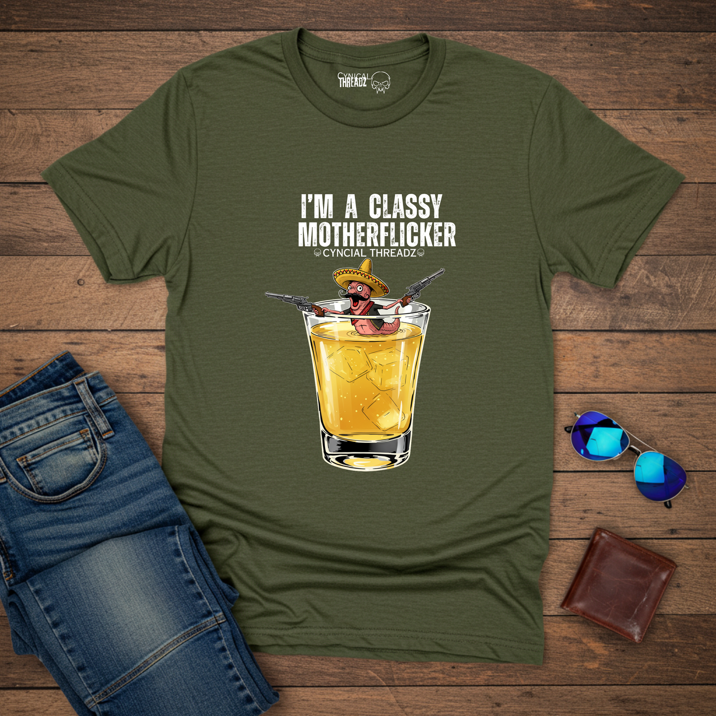 I'M A CLASSY MOTHERFLICKER WORM IN A GLASS. UNISEX T-SHIRT