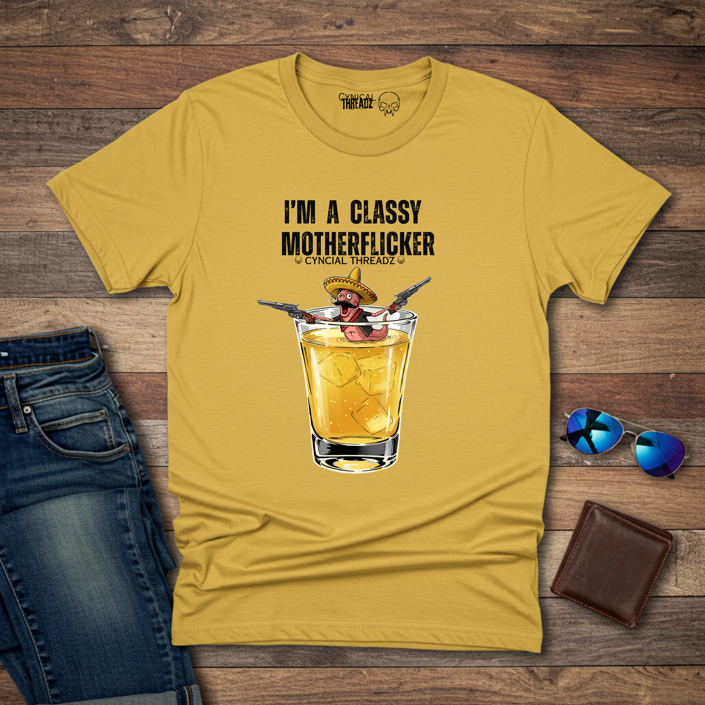 I'M A CLASSY MOTHERFLICKER WORM IN A GLASS. UNISEX T-SHIRT